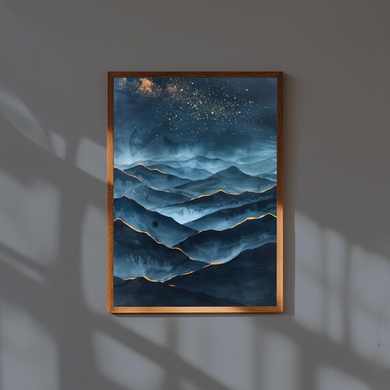 Highlands Mountain Night Sky Wall Art | Starry Night Landscape Painting | Scottish Highlands Canvas | Tranquil Celestial Nature Print