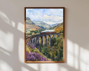 Glenfinnan Viaduct Print: Scottish Highlands Steam Train Watercolor