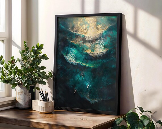 Surfer Riding Large Wave Fine Art Print | Surfing Wall Art | Ocean Wave Painting | Coastal Action Decor | Surf Lifestyle Poster