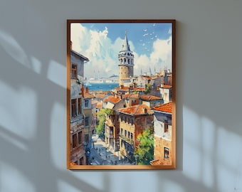 Galata Tower Watercolor Print – Istanbul Skyline Art, Historic District Painting, Turkey Travel Poster, Sunny Day Cityscape Decor
