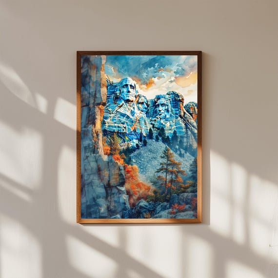 Watercolor Painting of Mount Rushmore USA | American Landmark Wall Art Print | Presidential Monument Travel Poster