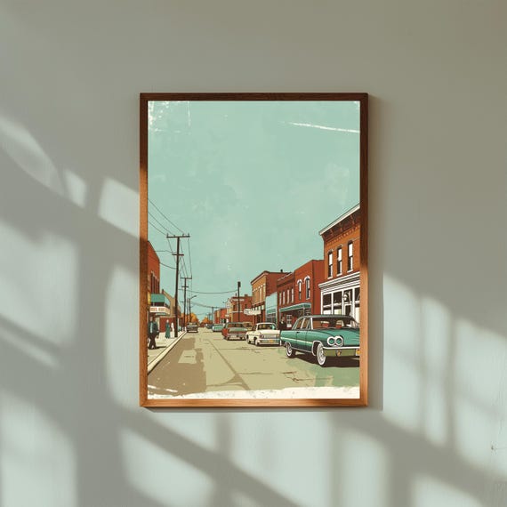 Vintage Main Street Print – Midwestern Storefronts & Classic Cars – Retro Americana Illustration – Small Town Nostalgic Wall Art