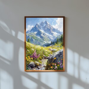 Pintura en acuarela del Mont Blanc (Francia) / Impresión artística mural de un pico alpino nevado / Póster de paisaje montañoso europeo