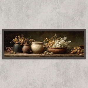 May include: A still-life painting featuring a wooden shelf with various ceramic vases and a terracotta bowl, all filled with dried flowers. The vases are in shades of black, brown, and cream. The flowers are in shades of yellow and white.