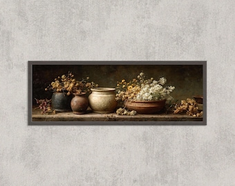 Rustic Pottery Still Life Panoramic Wall Art with Dried Flowers