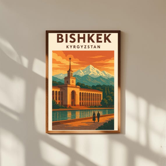 Bishkek Kyrgyzstan Vintage Travel Poster Print – Retro Wall Art of Ala-Too Square & Tien Shan Mountains – Central Asia Decor