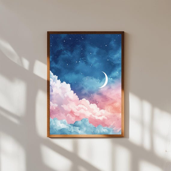Dreamy Sky Watercolor Print | Soft Whimsical Cloud Art | Pastel Nursery Wall Art | Boho Sky Illustration | Celestial Watercolor Poster