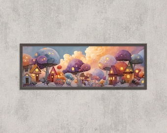 Fairy Village Art Print: Whimsical Cottages, Pastel Woodland Canvas
