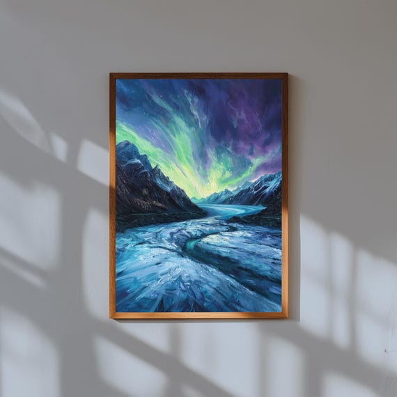 Glacier Valley Under Northern Lights Oil Painting – Majestic Aurora Landscape Art Print – Arctic Fine Art Wall Decor – Nature Night Scene
