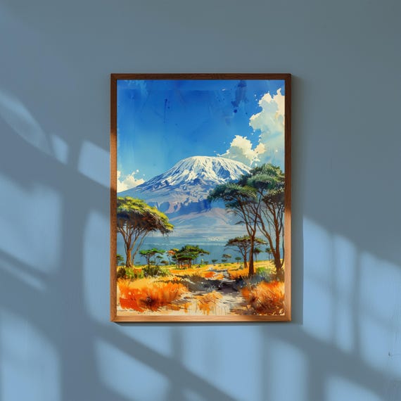 Watercolor Painting of Mount Kilimanjaro Tanzania | Towering African Peak Wall Art Print | Safari Landscape Travel Poster