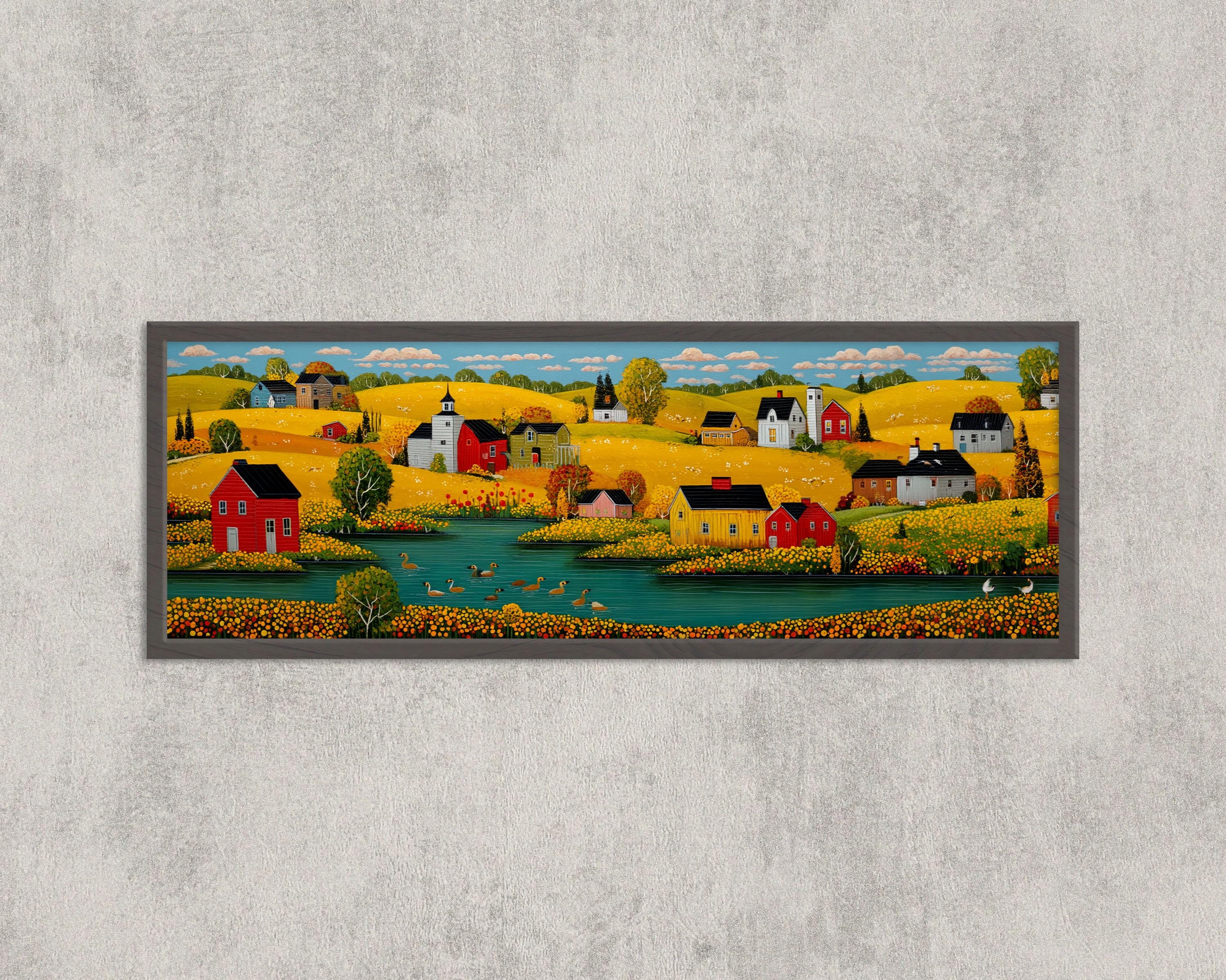 額縁 markdrew limited prints Rustic Farmhouse Art Print: Vintage Country Village, Barns & Lake