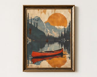 Retro Canoe Lake Print: Vintage Mountain Cabin Wall Art