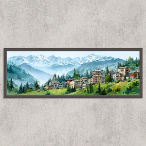 Watercolor Mountain Village Print: Cozy Alpine Landscape Home Decor