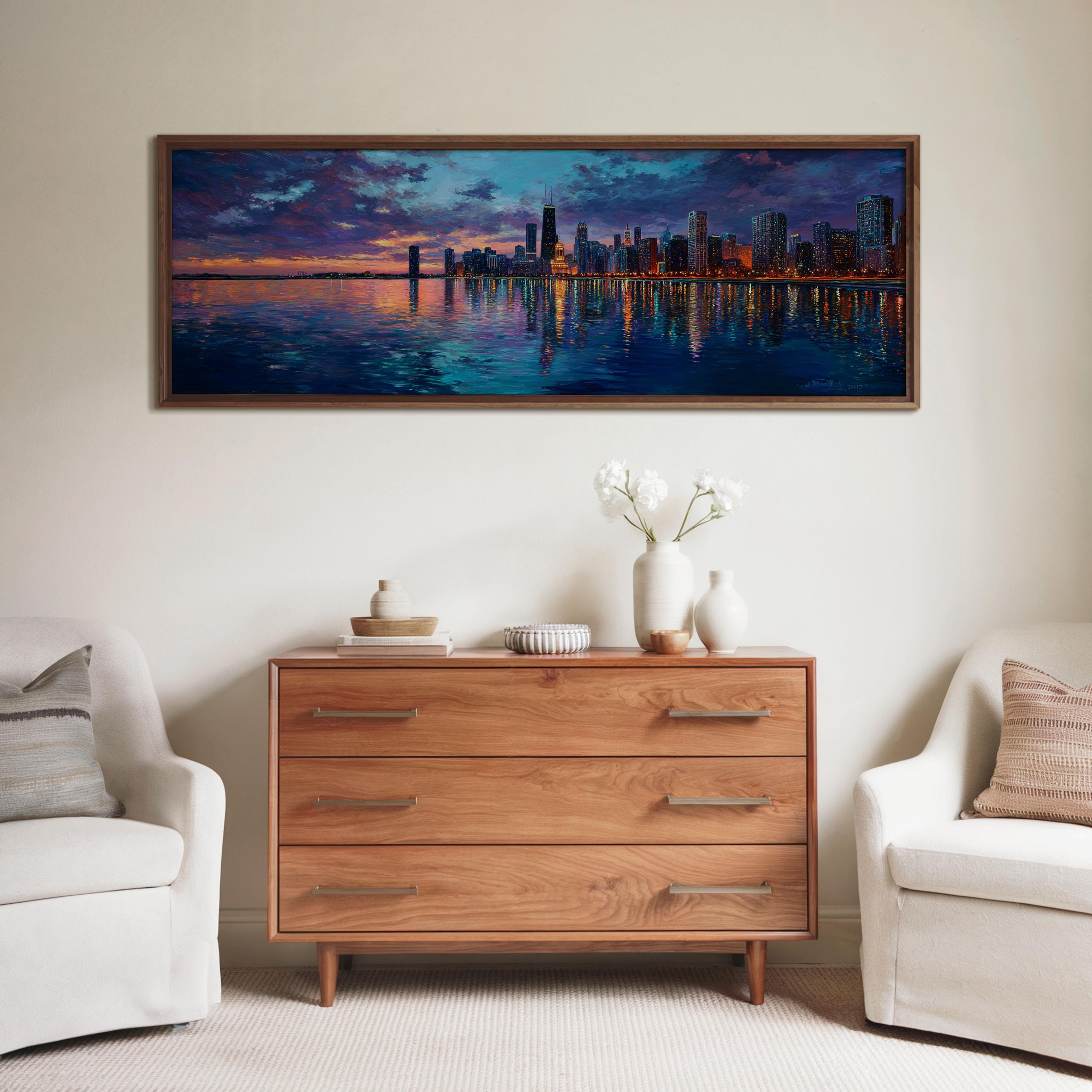 Chicago Skyline Panorama | Lake Michigan Sunset Cityscape Painting