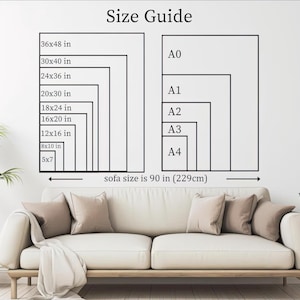 The image is a wall art depicting a sofa size guide, with a sofa size of 90 in (229cm) and a series of sofa sizes ranging from A0 to A4.