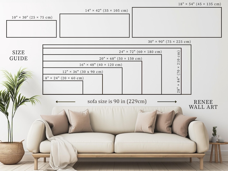 Pu&ograve; includere: Una guida alle taglie per opere d'arte da parete, con dimensioni in pollici e centimetri. La guida mostra pezzi rettangolari che vanno da 20 x 60 cm a 75 x 225 cm. Il testo "RENEE WALL ART" &egrave; visibile. La dimensione del divano &egrave; 229 cm.