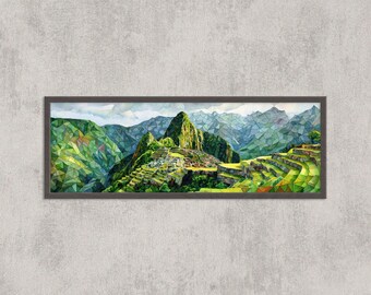 May include: A framed watercolor print of Machu Picchu, featuring a geometric style. The artwork showcases the ancient Inca citadel nestled amidst green mountains and terraced fields, under a cloudy sky. The frame is dark brown.