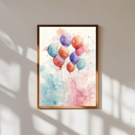Pastel Balloon Watercolor Print | Whimsical Sky Nursery Art | Soft Floating Balloons Illustration | Dreamy Baby Room Decor | Boho Wall