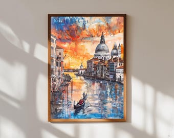 ヴェネツィアのゴンドラの版画：イタリアの運河の風景、マティス風の