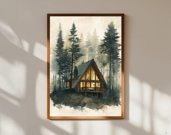 A-frame Cabin Print: Rustic Pine Forest Architectural Wall Art - Etsy