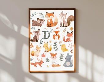 Poster per bambini con l'alfabeto avventuroso: tabella ABC degli animali del bosco