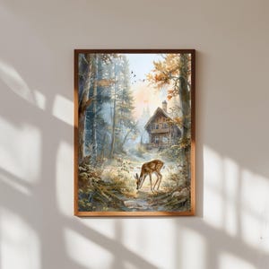Rustic Cabin Deer Watercolor Print: Woodland Landscape Art