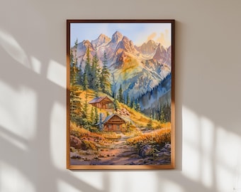 Stampa acquerello di una baita di montagna: arte rustica del paesaggio alpino