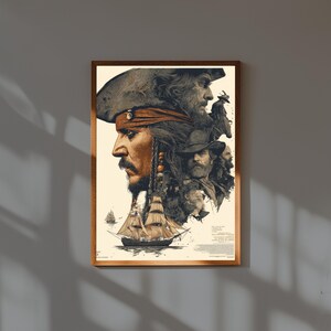 Lámina de arte mural pirata: póster vintage de barco y espadachín, ilustración de capitán de barco de aventuras épicas, decoración náutica rústica para hombre.