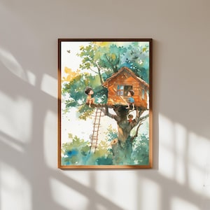 Whimsical Treehouse Watercolor Print, Children Playing in Tree House Art, Nursery Wall Decor, Childhood Adventure Illustration