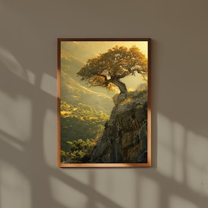Ancient Oak Tree Cliff Print: Mountain Valley Landscape Fine Art
