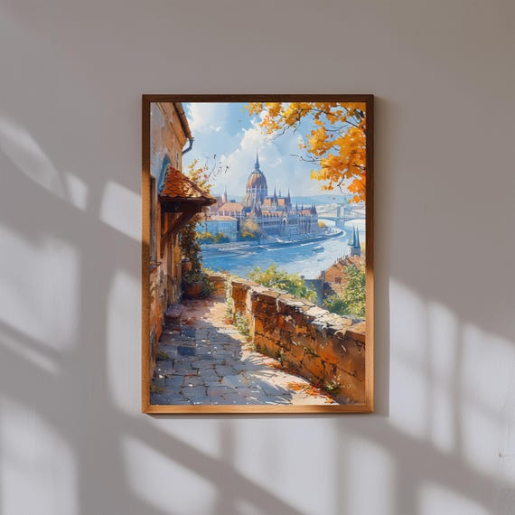 Fisherman’s Bastion Watercolor Print – Fairytale Towers Art, Budapest Travel Poster, Hungary Landmark, Bright Day Cityscape Decor