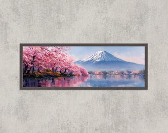 Impresión en acuarela del Monte Fuji: Arte paisajístico asiático con flores de cerezo