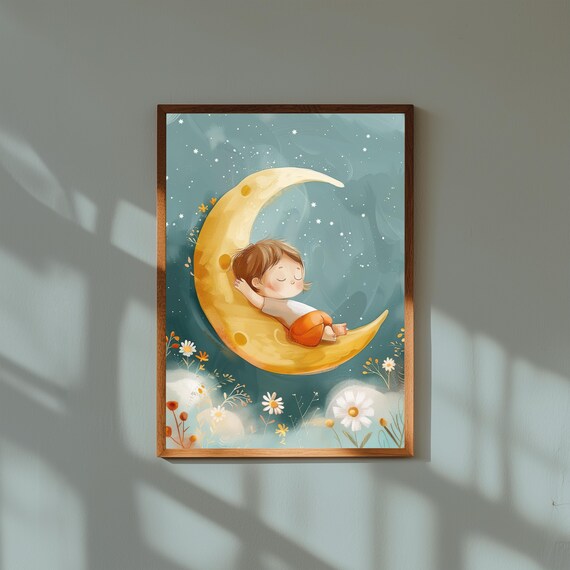 Baby on Crescent Moon Print | Whimsical Nursery Wall Art | Soft Watercolor Moon & Stars | Dreamy Baby Room Decor | Sleepytime Poster