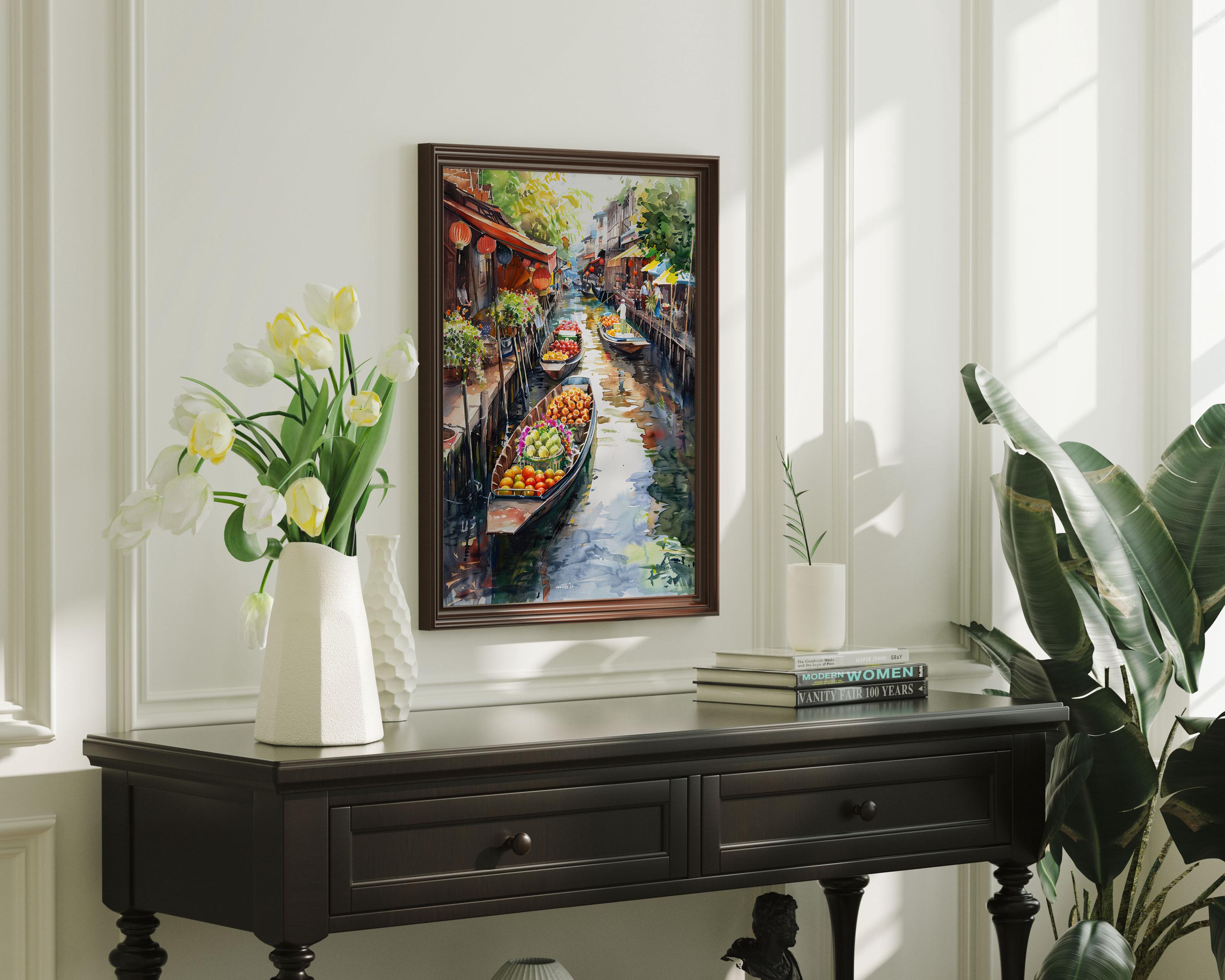 Thailand Floating Market Print: Watercolor Asian Canal Scene