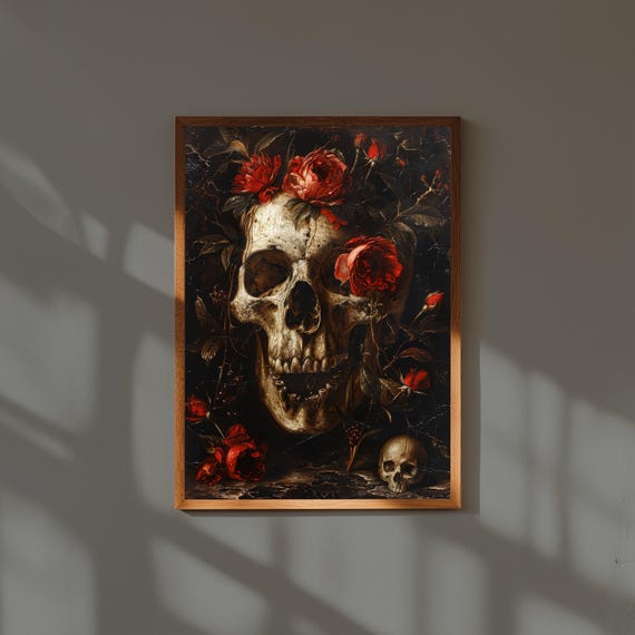 Gothic Skull Oil Painting Poster | Dark Floral Wall Art Print | Human Skull with Black Roses | Gothic Decor | Macabre Art for Home