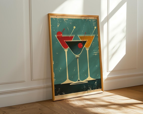 Retro Cocktail Wall Art – Vintage Martini Glasses & Shaker Print, Mid-Century Bar Decor, 50s Lounge Vibe, Classic Home Bar Poster