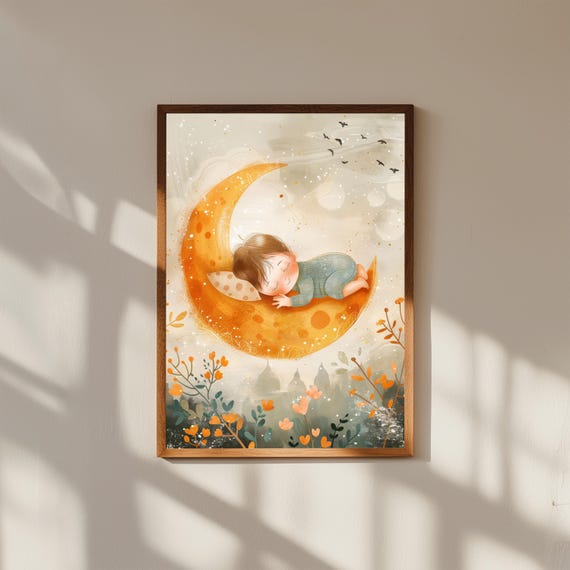 Baby on Crescent Moon Print | Whimsical Nursery Wall Art | Soft Watercolor Moon & Stars | Dreamy Baby Room Decor | Sleepytime Poster