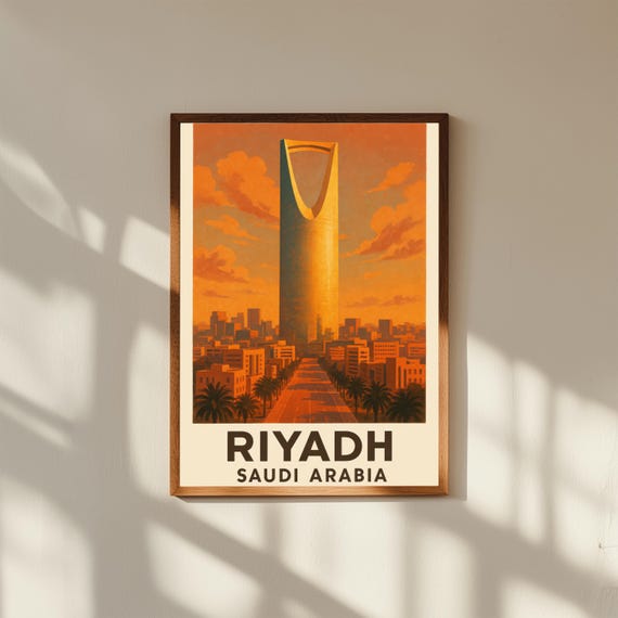 Riyadh Saudi Arabia Vintage Travel Poster Print – Retro Wall Art of Kingdom Tower & Cityscape – Middle Eastern Decor for Home