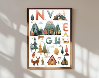 Poster per bambini con l'alfabeto avventuroso: tabella ABC per esterni
