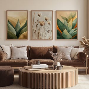 Set di 3 stampe da parete con motivi botanici del deserto, stampe con piante di agave e fiori, trio di poster Boho nei toni della terra, decorazioni naturalistiche moderne del sud-ovest.