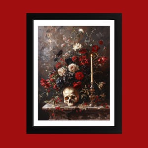 Gothic Skull & Black Roses Oil Painting Art Print: Macabre Home Decor