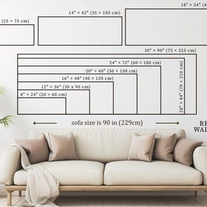 May include: A size guide for wall art, with dimensions in inches and centimeters. The guide includes rectangular shapes ranging from 8" x 24" (20 x 60 cm) to 30" x 90" (75 x 225 cm). The text "RENEE WALL ART" is visible.