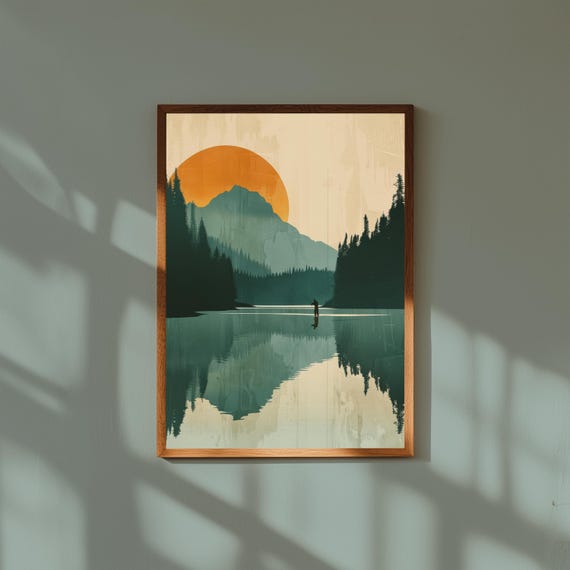 Retro Fisherman Wall Art – Vintage Mountain Lake Fishing Print – Cabin Decor for Men – Rustic Outdoor Adventure Poster – Nature Art