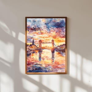 London Tower Bridge Sunset Watercolor Print: Thames River Wall Art