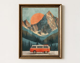 Retro Campervan Road Trip Print: Vintage Vanlife Mountain Art