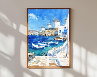 Mykonos Watercolor Print: Greek Island Coastal Wall Art