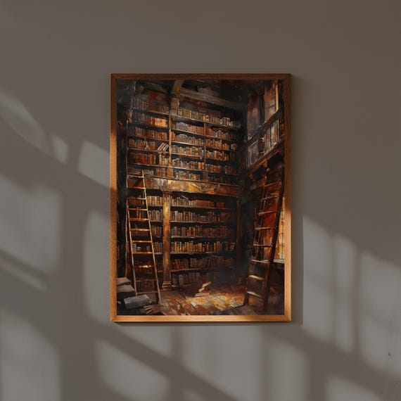 Dark Academia Fine Art Print – Towering Library Shelves Painting – Old Leather-Bound Book Wall Art for Study or Reading Room