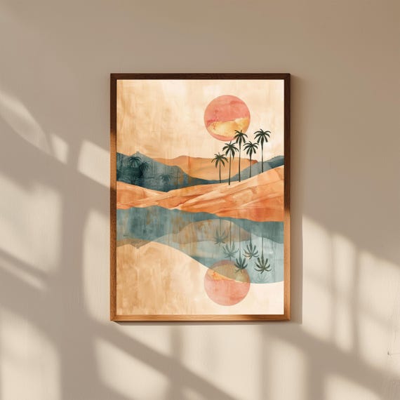 Dreamy Desert Oasis Painting – Palm Trees with Water Landscape Wall Art – Boho Earth Tone Nature Print for Home Decor