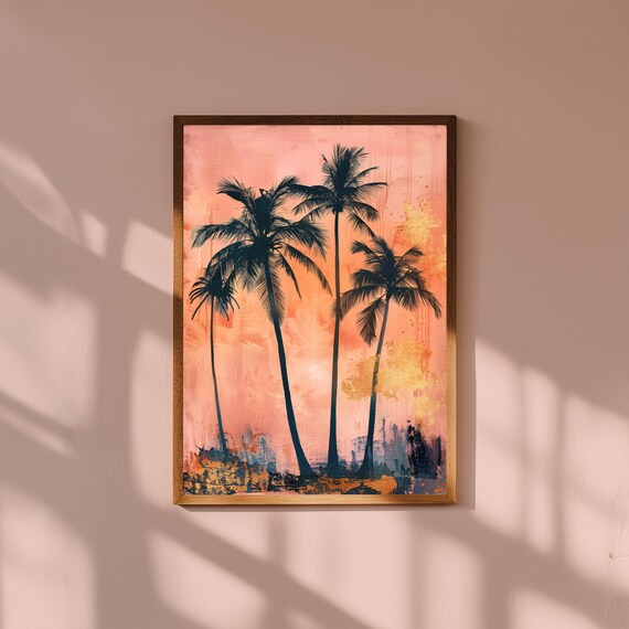 Palm Tree Sunset Wall Art | Coastal Beach Painting | Tropical Silhouette Print | Sunset Ocean Decor | Boho Beach House Artwork