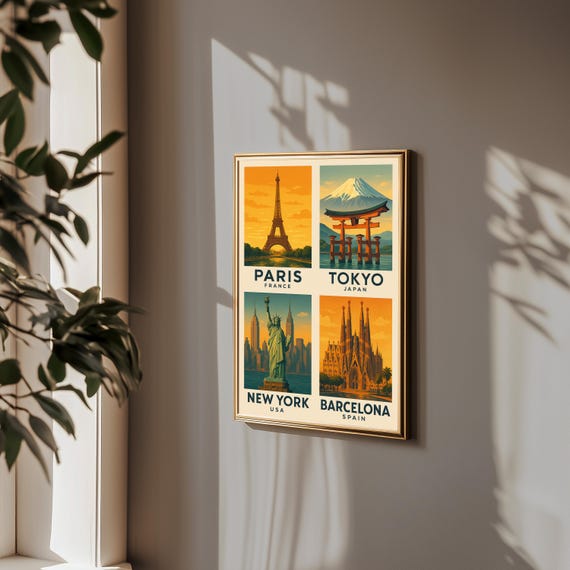 Paris Tokyo New York Barcelona Travel Poster Set – Vintage City Wall Art – Global Skyline Gallery Prints for Home Decor